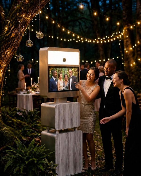 Borne photo Photobooth Robooth en situation réelle lors d'un mariage élégant