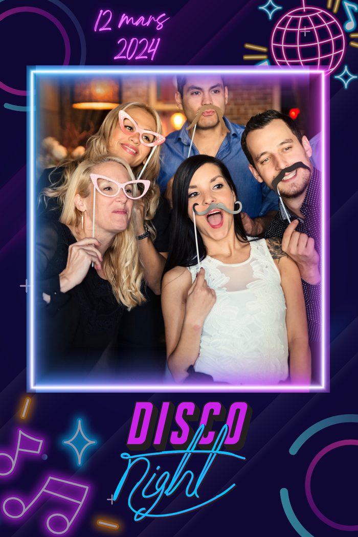 Exemple de cadre photo soirée Disco Night aux néons violets et bleus