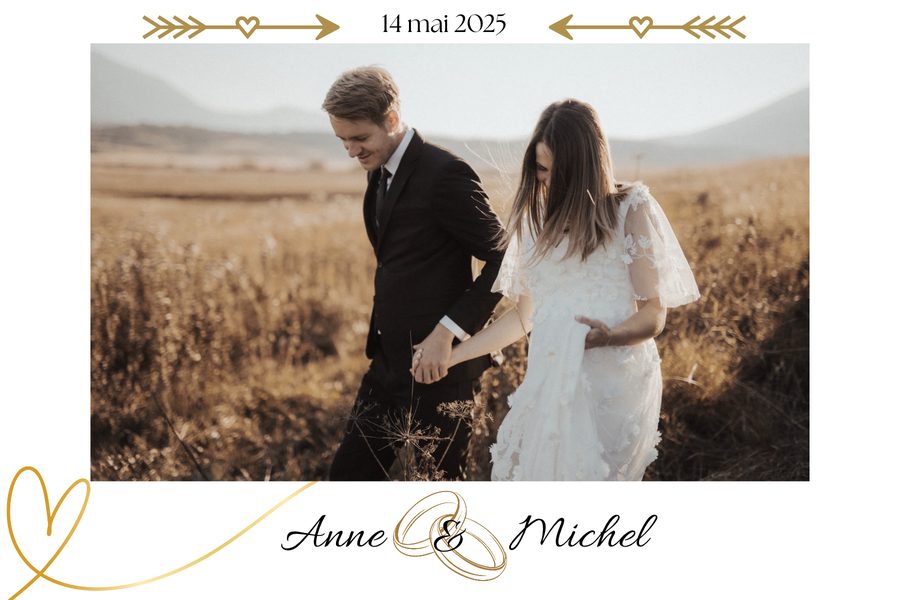Exemple de cadre photo de mariage avec prénoms, date et alliances dorées