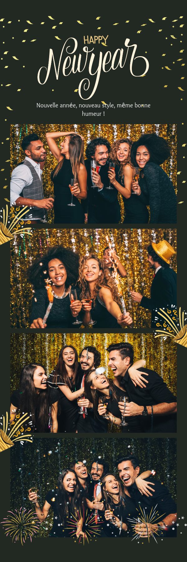 Exemple de bandelette photo Happy New Year avec 4 poses et confettis dorés